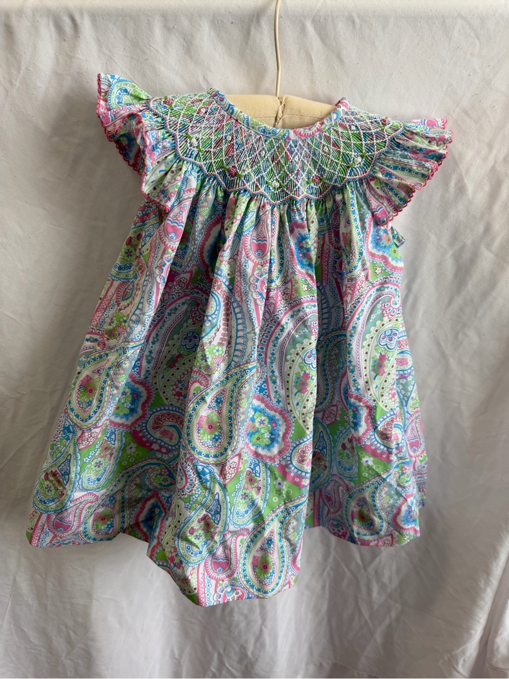 Classic Whimsy Smocked Paisley dress in Pink, Green & Blue